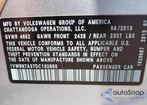 2013 Volkswagen Passat 2.0L Tdi Se z USA, uszkodzony, nr VIN 1VWBN7A37DC132850